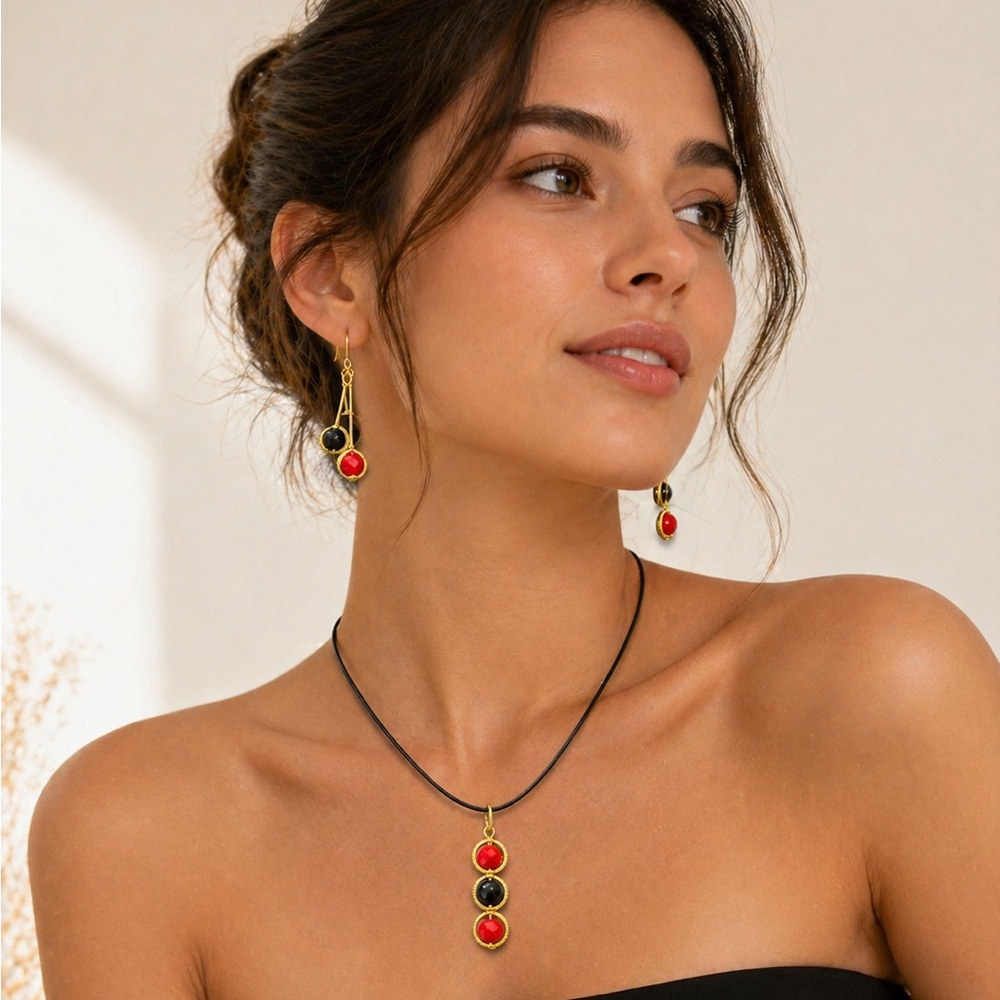🛑 6/$25 Gold Accent Red & Black Pendant Necklace and Earrings Set